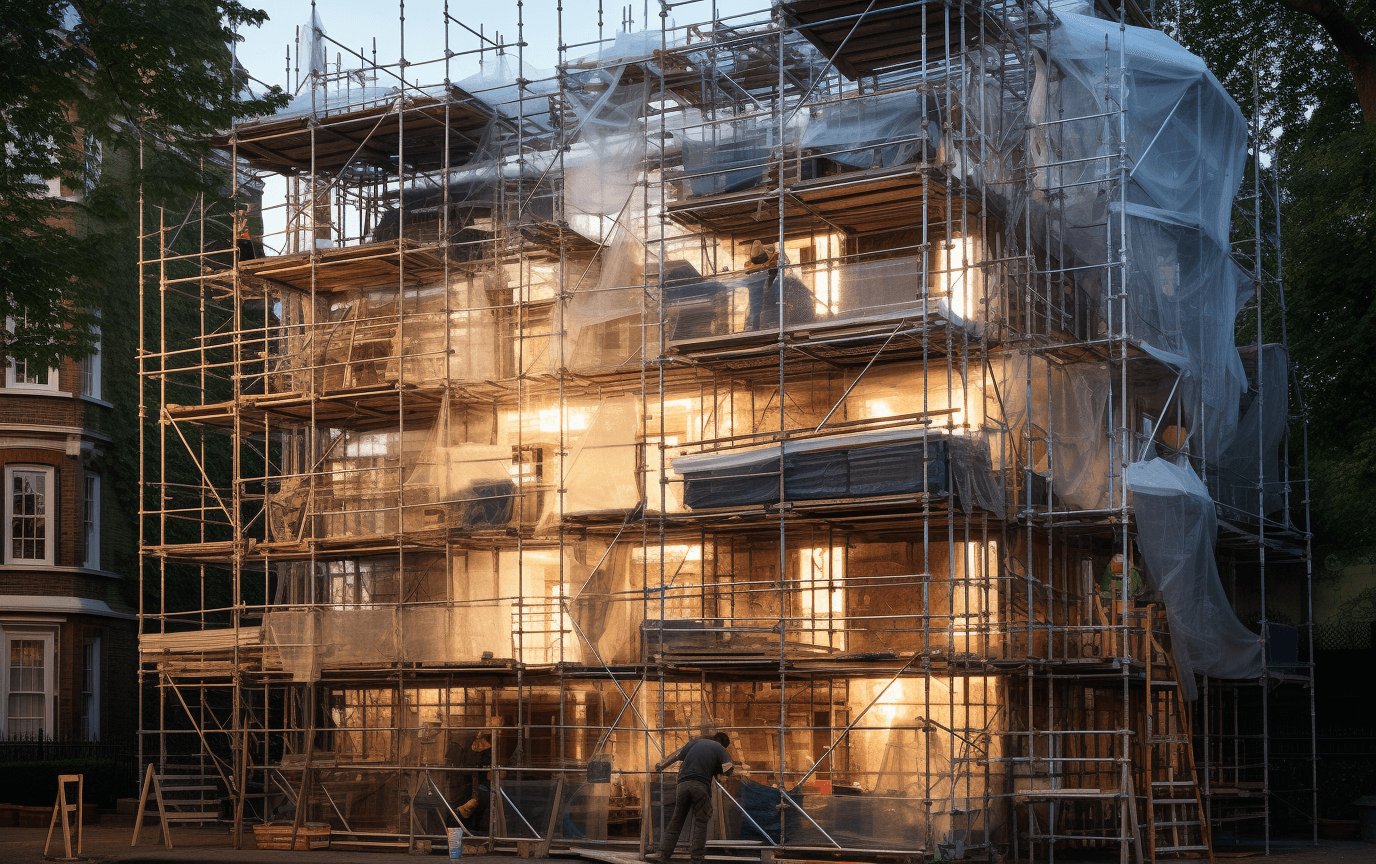 builders working on a scaffolding covered house