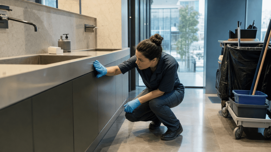 Professional cleaner inspecting a completed cleaning area in a commercial property.