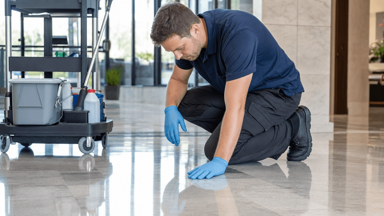 Cleaning technician inspecting a cleaned surface while assessing a reported concern