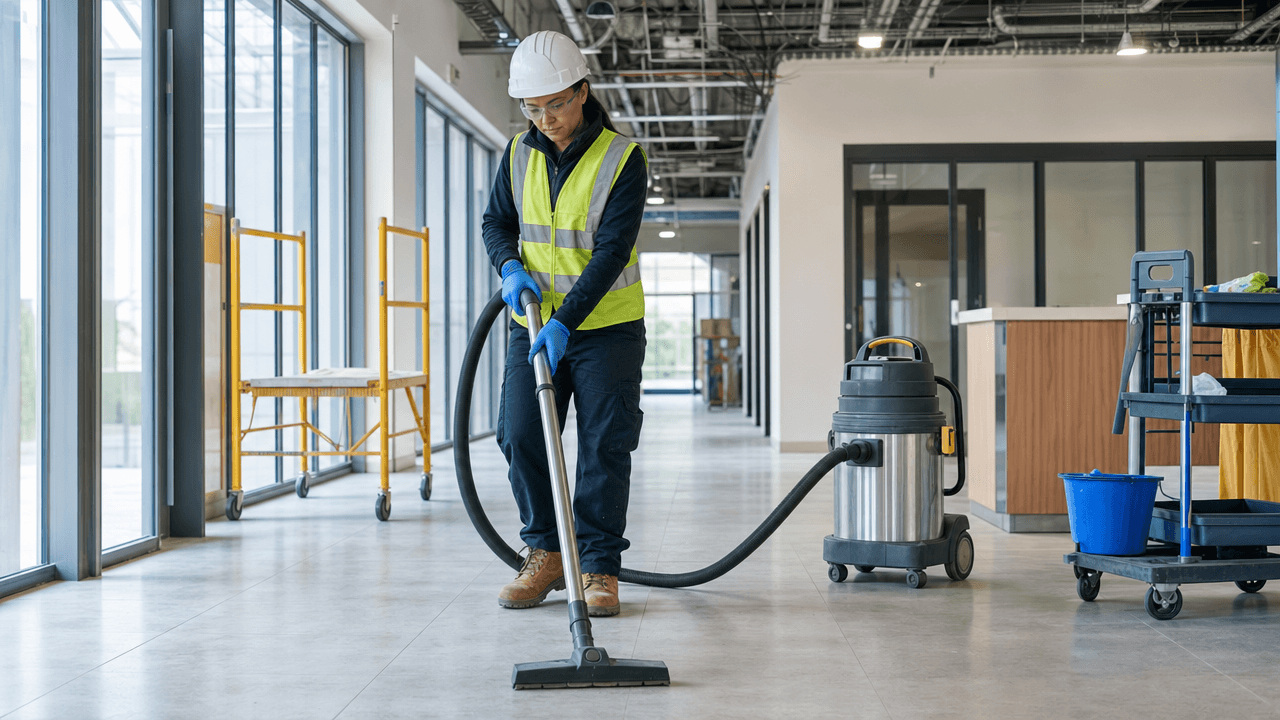 Professional cleaner working safely on a recently completed construction site