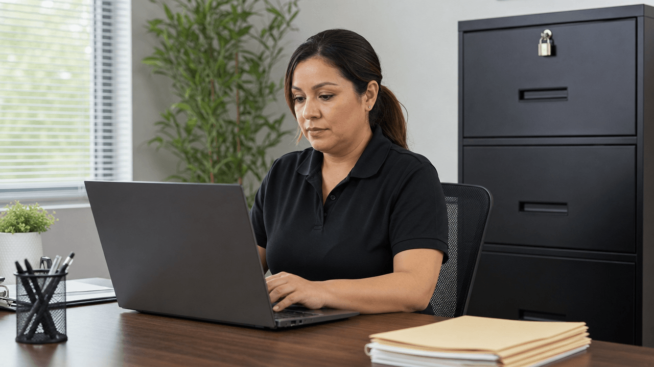 Cleaning services administrator handling customer information securely