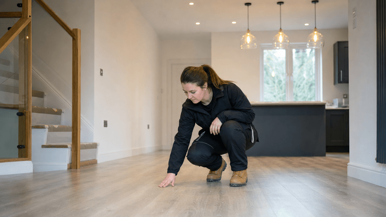 Professional cleaner assessing surfaces after post-construction cleaning in a refurbished property