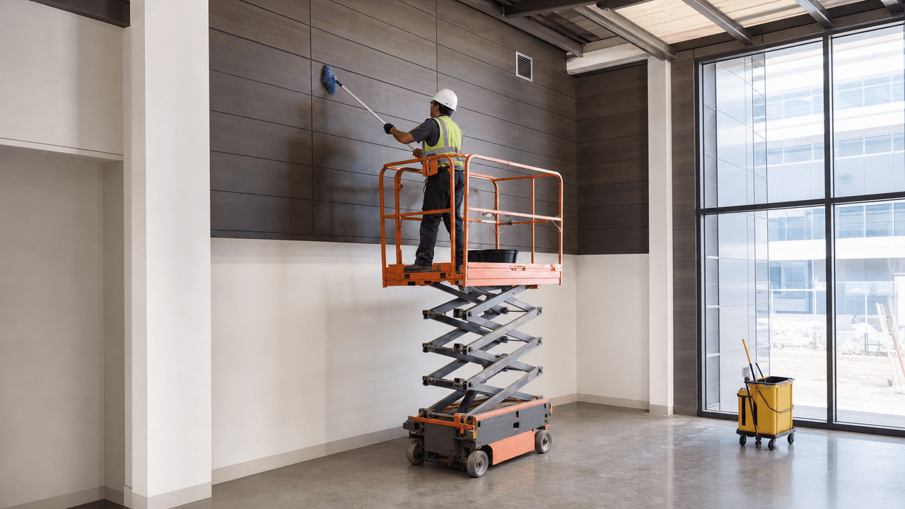 Professional cleaner using suitable access equipment for work at height
