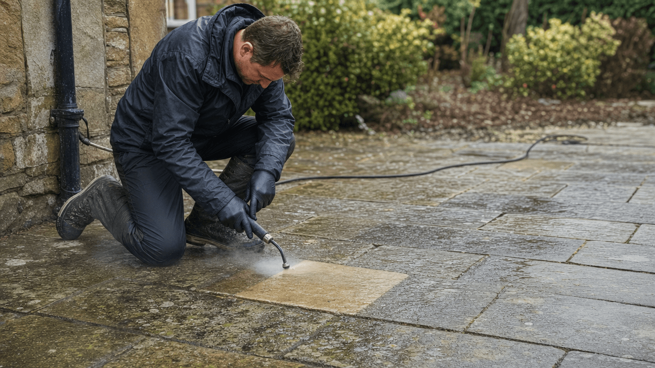 Professional cleaner testing a small area of weathered stone before specialist cleaning